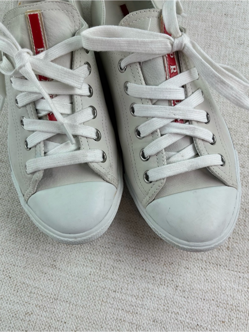 Prada women's size 38.5 White Leather low top Sneakers with Red Stripe Detail - Picture 9 of 16